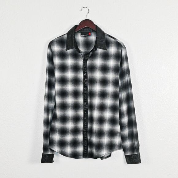 NASTY PIG Men's Button up Shirt Black Grey Plaid Faux Leather trim Sz Medium - Picture 1 of 10